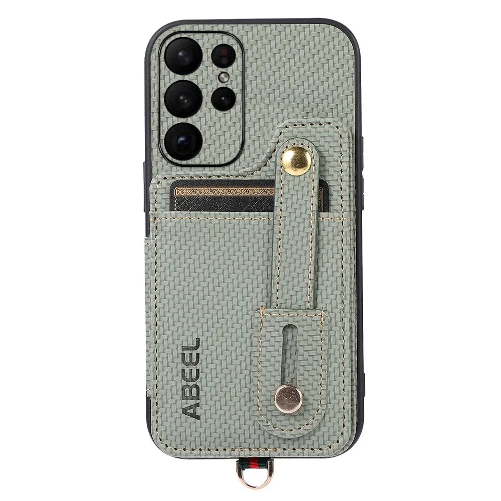 ABEEL Style 01 Horizontal Kickstand Phone Cover for Samsung Galaxy S23 Ultra RFID Blocking Anti-Drop Carbon Fiber Texture PU+TPU Case - Green - 4