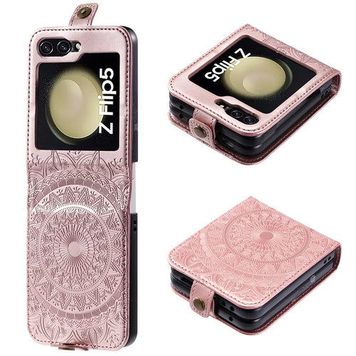 For Samsung Galaxy Z Flip5 5G Card Holder PU Leather Case Mandala Flower Imprinted Folding Cover - Rose Gold - 1
