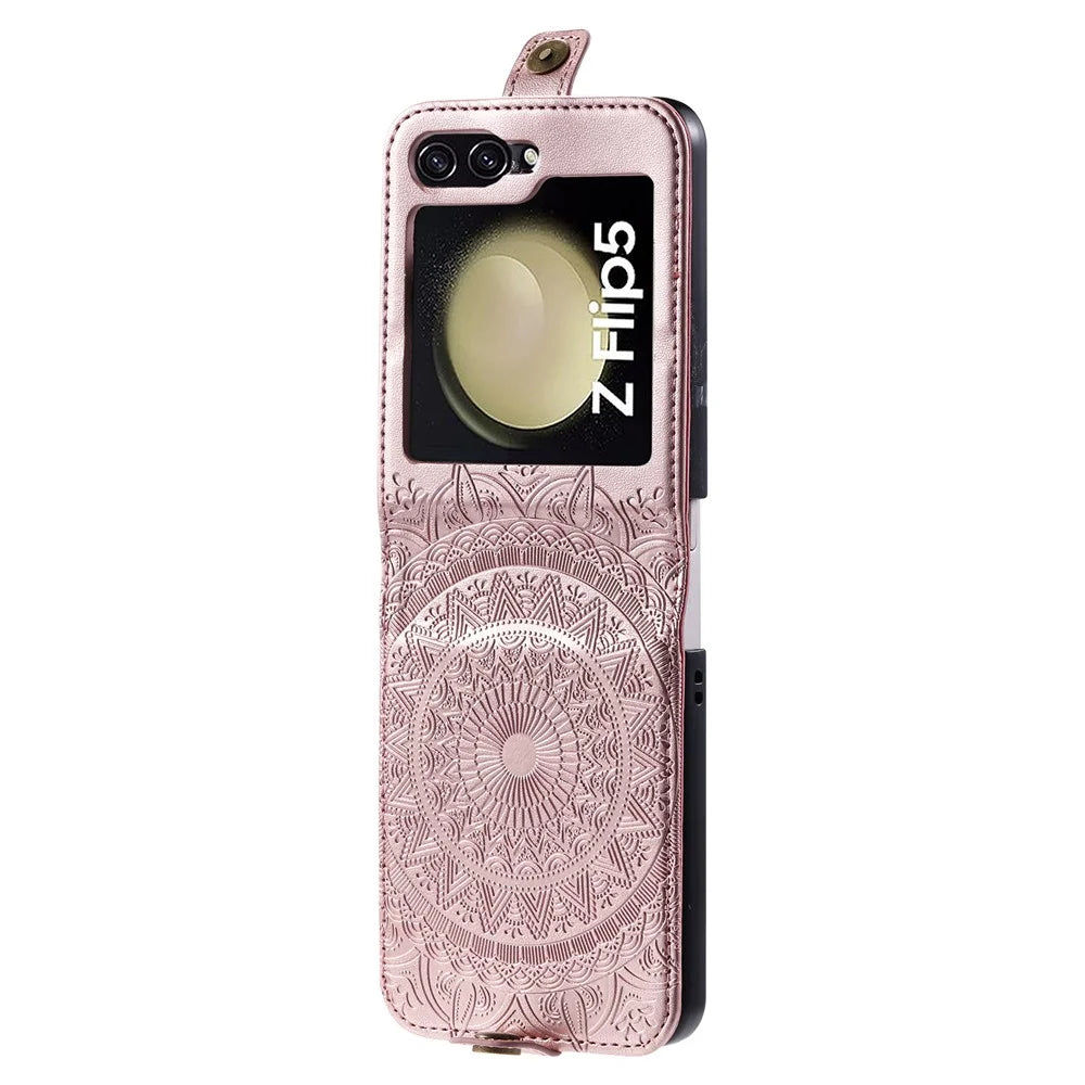 For Samsung Galaxy Z Flip5 5G Card Holder PU Leather Case Mandala Flower Imprinted Folding Cover - Rose Gold - 2
