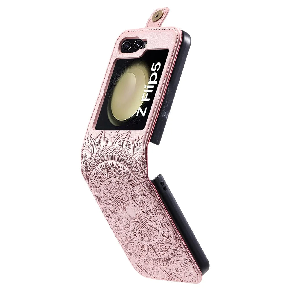 For Samsung Galaxy Z Flip5 5G Card Holder PU Leather Case Mandala Flower Imprinted Folding Cover - Rose Gold - 3
