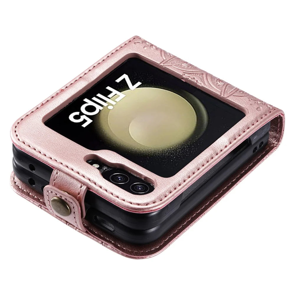 For Samsung Galaxy Z Flip5 5G Card Holder PU Leather Case Mandala Flower Imprinted Folding Cover - Rose Gold - 4