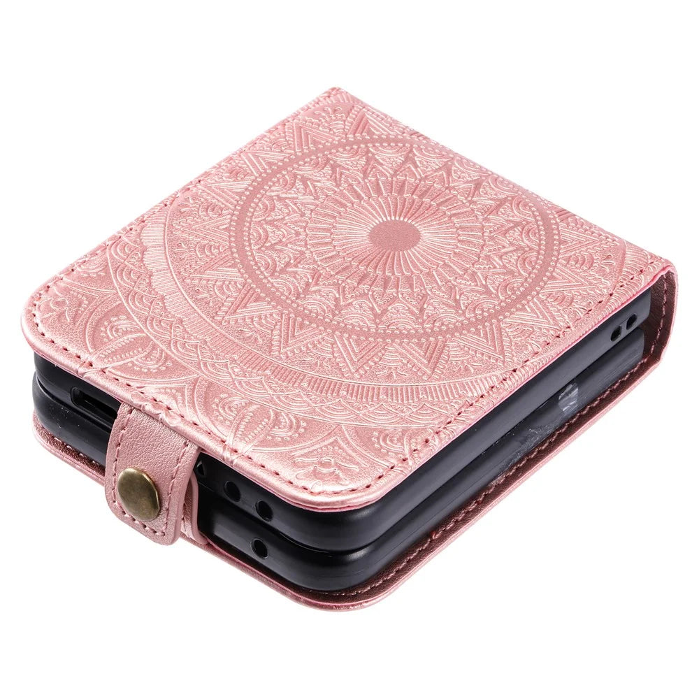 For Samsung Galaxy Z Flip5 5G Card Holder PU Leather Case Mandala Flower Imprinted Folding Cover - Rose Gold - 5