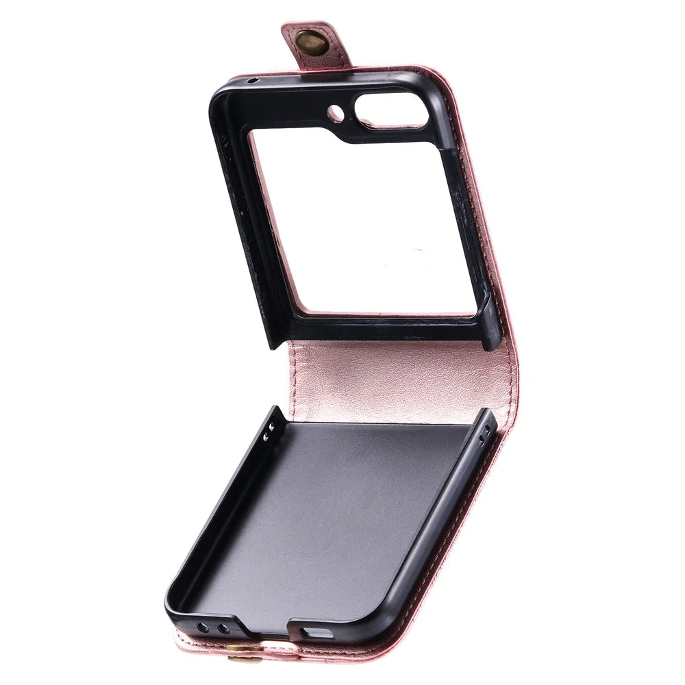 For Samsung Galaxy Z Flip5 5G Card Holder PU Leather Case Mandala Flower Imprinted Folding Cover - Rose Gold - 6