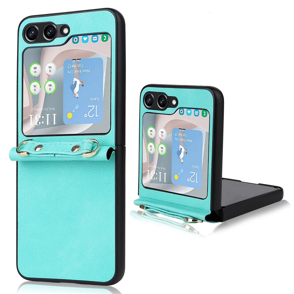 For Samsung Galaxy Z Flip5 5G One-Piece PU + PC Phone Case Cell Phone Protective Cover with Long Strap - Cyan - 1