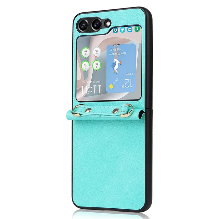 For Samsung Galaxy Z Flip5 5G One-Piece PU + PC Phone Case Cell Phone Protective Cover with Long Strap - Cyan - 2