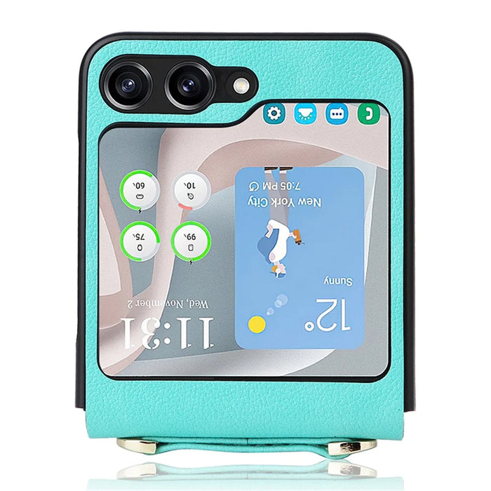 For Samsung Galaxy Z Flip5 5G One-Piece PU + PC Phone Case Cell Phone Protective Cover with Long Strap - Cyan - 3