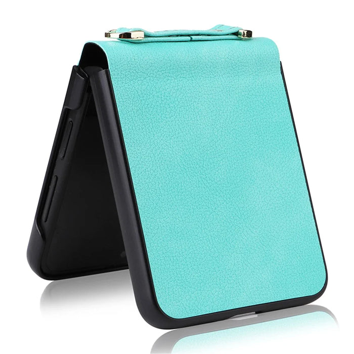 For Samsung Galaxy Z Flip5 5G One-Piece PU + PC Phone Case Cell Phone Protective Cover with Long Strap - Cyan - 6