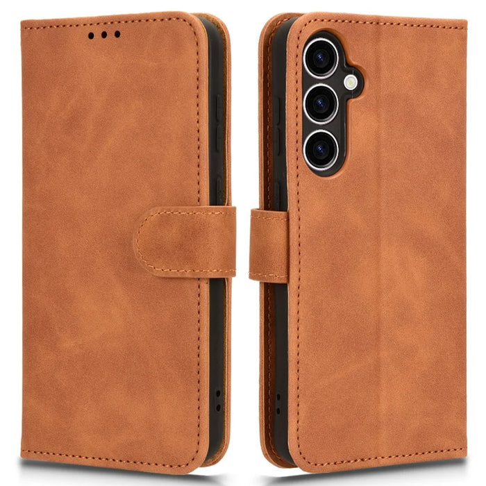 For Samsung Galaxy S23 FE PU Leather Shock-absorbing Wallet Stand Case Skin-touch Phone Cover - Brown - 1
