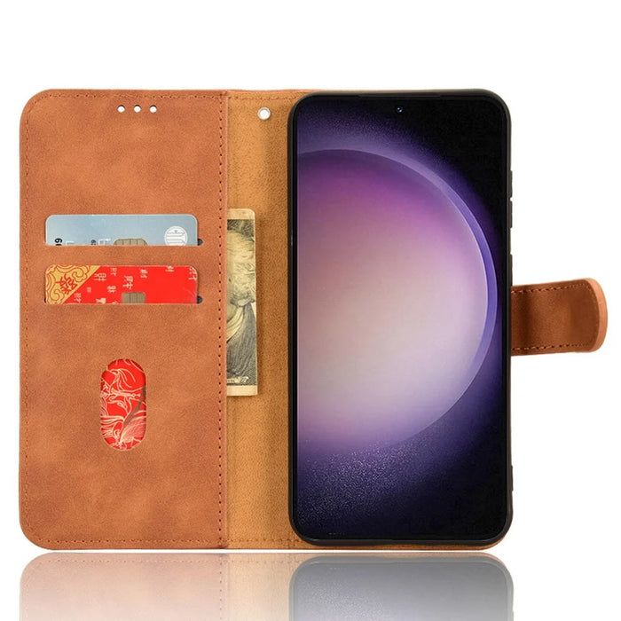 For Samsung Galaxy S23 FE PU Leather Shock-absorbing Wallet Stand Case Skin-touch Phone Cover - Brown - 2