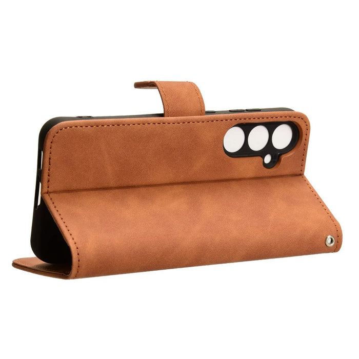 For Samsung Galaxy S23 FE PU Leather Shock-absorbing Wallet Stand Case Skin-touch Phone Cover - Brown - 3