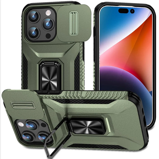 For iPhone 15 Pro Drop-proof PC+TPU Case Kickstand Cell Phone Cover Shell with Camera Slider - Green - 1