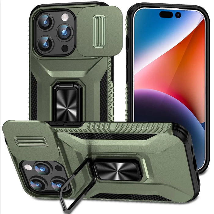 For iPhone 15 Pro Drop-proof PC+TPU Case Kickstand Cell Phone Cover Shell with Camera Slider - Green - 1