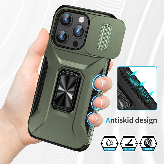 For iPhone 15 Pro Drop-proof PC+TPU Case Kickstand Cell Phone Cover Shell with Camera Slider - Green - 3