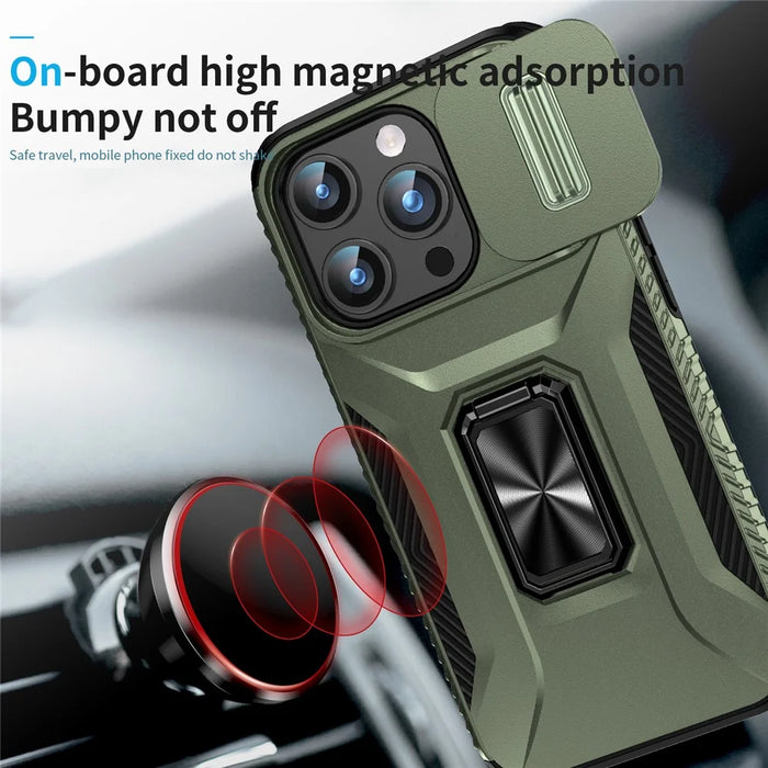 For iPhone 15 Pro Drop-proof PC+TPU Case Kickstand Cell Phone Cover Shell with Camera Slider - Green - 4
