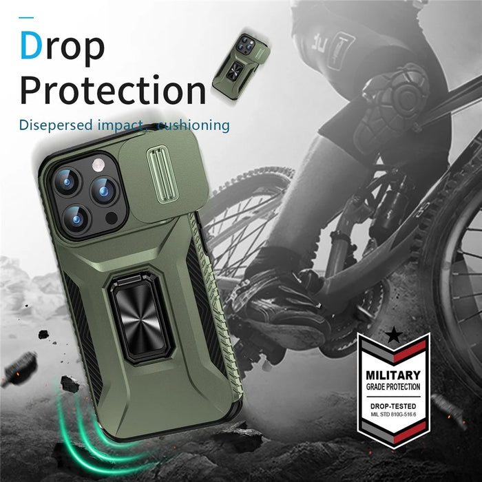 For iPhone 15 Pro Drop-proof PC+TPU Case Kickstand Cell Phone Cover Shell with Camera Slider - Green - 5
