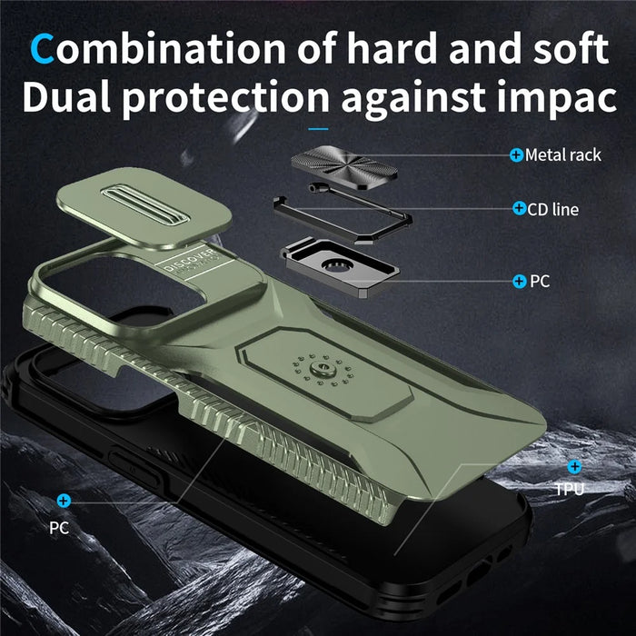 For iPhone 15 Pro Drop-proof PC+TPU Case Kickstand Cell Phone Cover Shell with Camera Slider - Green - 6