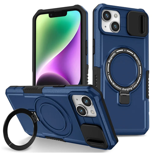 Kickstand Phone Case for iPhone 15 Plus Compatible with MagSafe Anti-Drop PC+TPU Cover with Sliding Lens Guard - Sapphire - 1