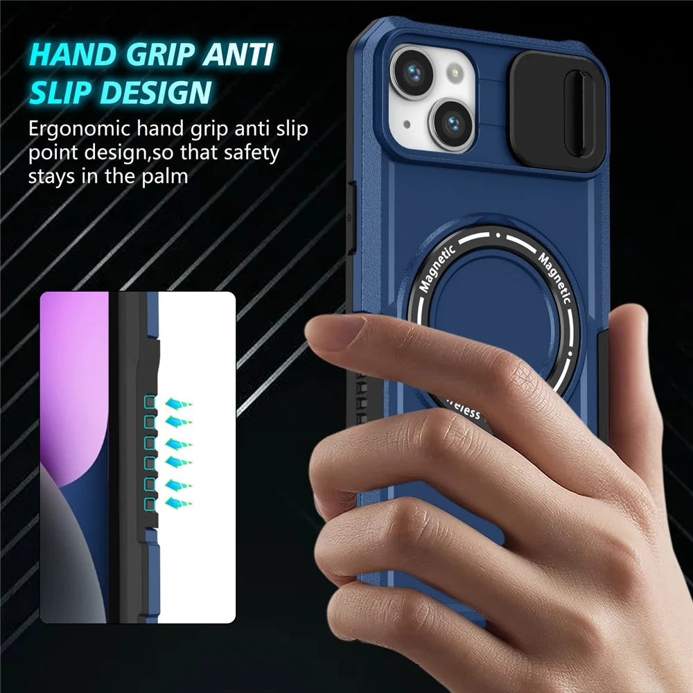 Kickstand Phone Case for iPhone 15 Plus Compatible with MagSafe Anti-Drop PC+TPU Cover with Sliding Lens Guard - Sapphire - 2