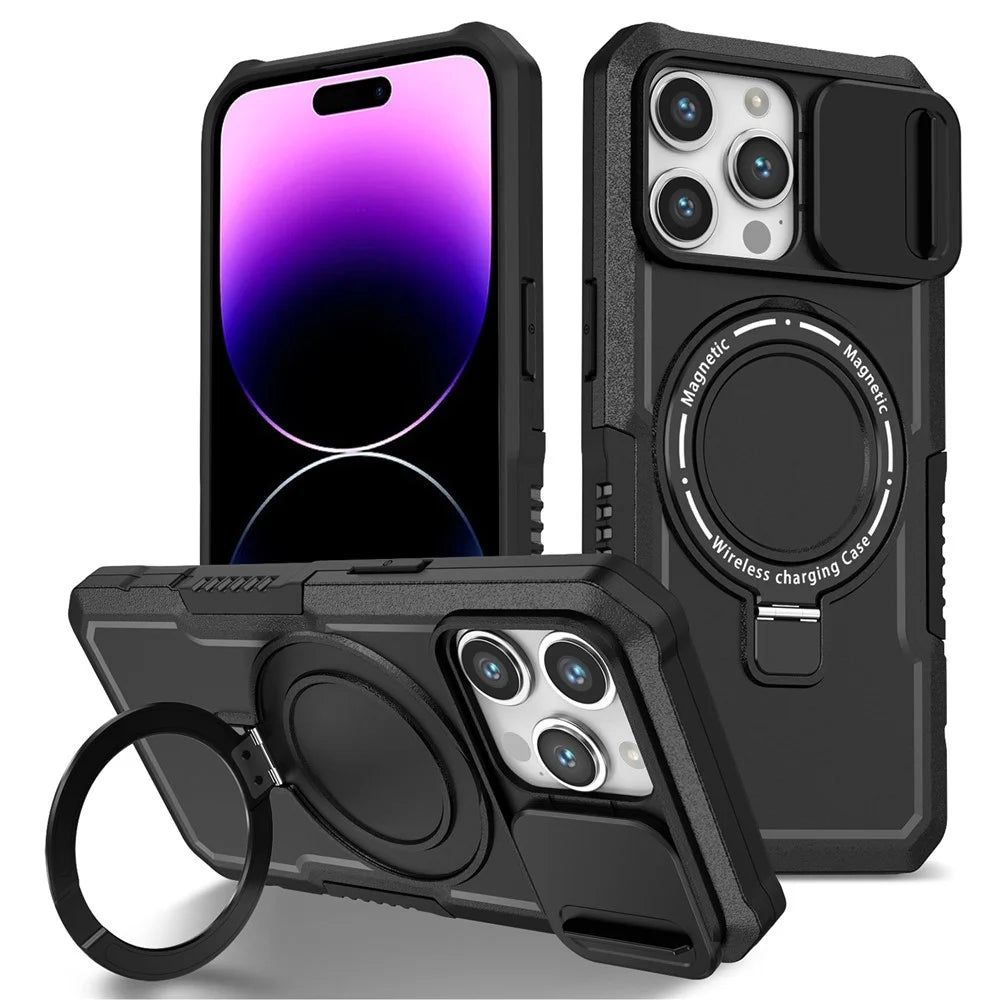 Kickstand PC+TPU Case for iPhone 15 Pro Max Compatible with MagSafe Sliding Lens Cover Protective Phone Shell - Black - 1