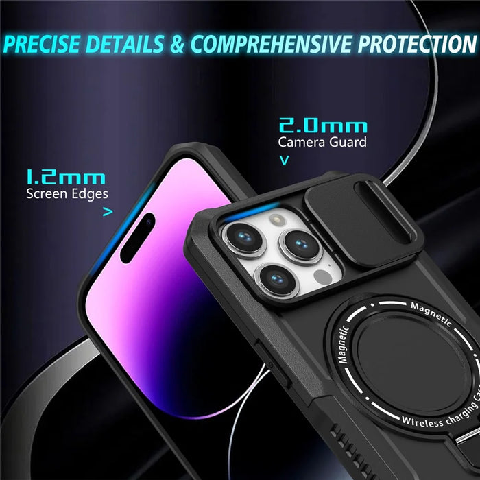 Kickstand PC+TPU Case for iPhone 15 Pro Max Compatible with MagSafe Sliding Lens Cover Protective Phone Shell - Black - 3