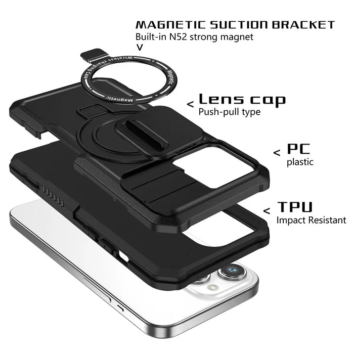 Kickstand PC+TPU Case for iPhone 15 Pro Max Compatible with MagSafe Sliding Lens Cover Protective Phone Shell - Black - 4