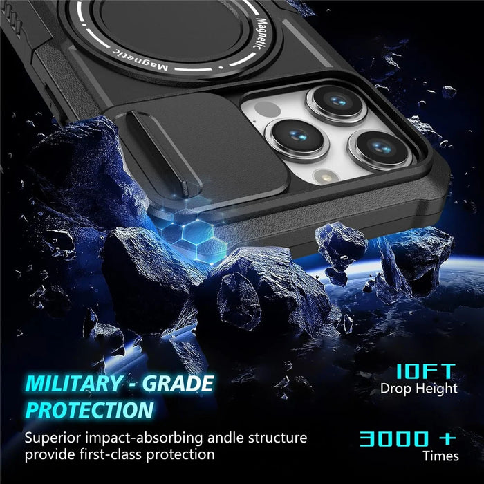 Kickstand PC+TPU Case for iPhone 15 Pro Max Compatible with MagSafe Sliding Lens Cover Protective Phone Shell - Black - 6