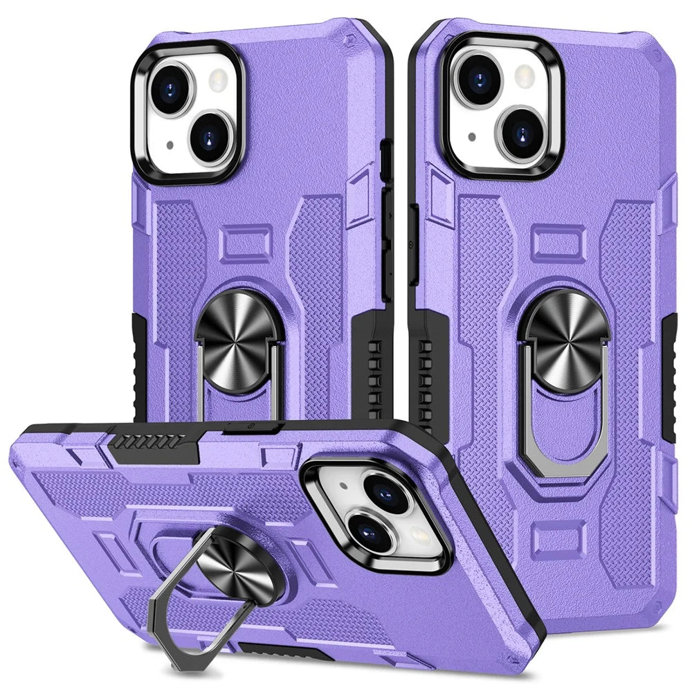 For iPhone 15 Plus Shockproof Phone Case Ring Kickstand PC+TPU Back Cover - Purple - 1