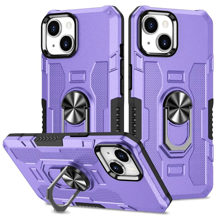 For iPhone 15 Plus Shockproof Phone Case Ring Kickstand PC+TPU Back Cover - Purple - 1
