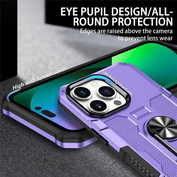 For iPhone 15 Pro Drop-proof Cell Phone Case PC+TPU Back Cover with Ring Kickstand - Purple - 4