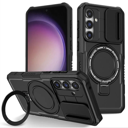 Magnetic Case PC+TPU Case for Samsung Galaxy S23 FE Kickstand Anti-Drop Phone Shell with Sliding Lens Cover - Black - 1