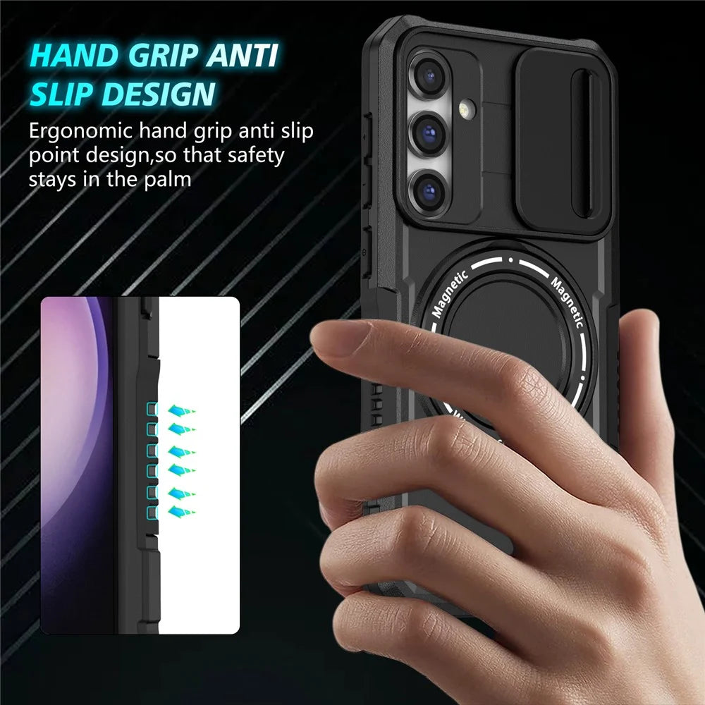 Magnetic Case PC+TPU Case for Samsung Galaxy S23 FE Kickstand Anti-Drop Phone Shell with Sliding Lens Cover - Black - 2