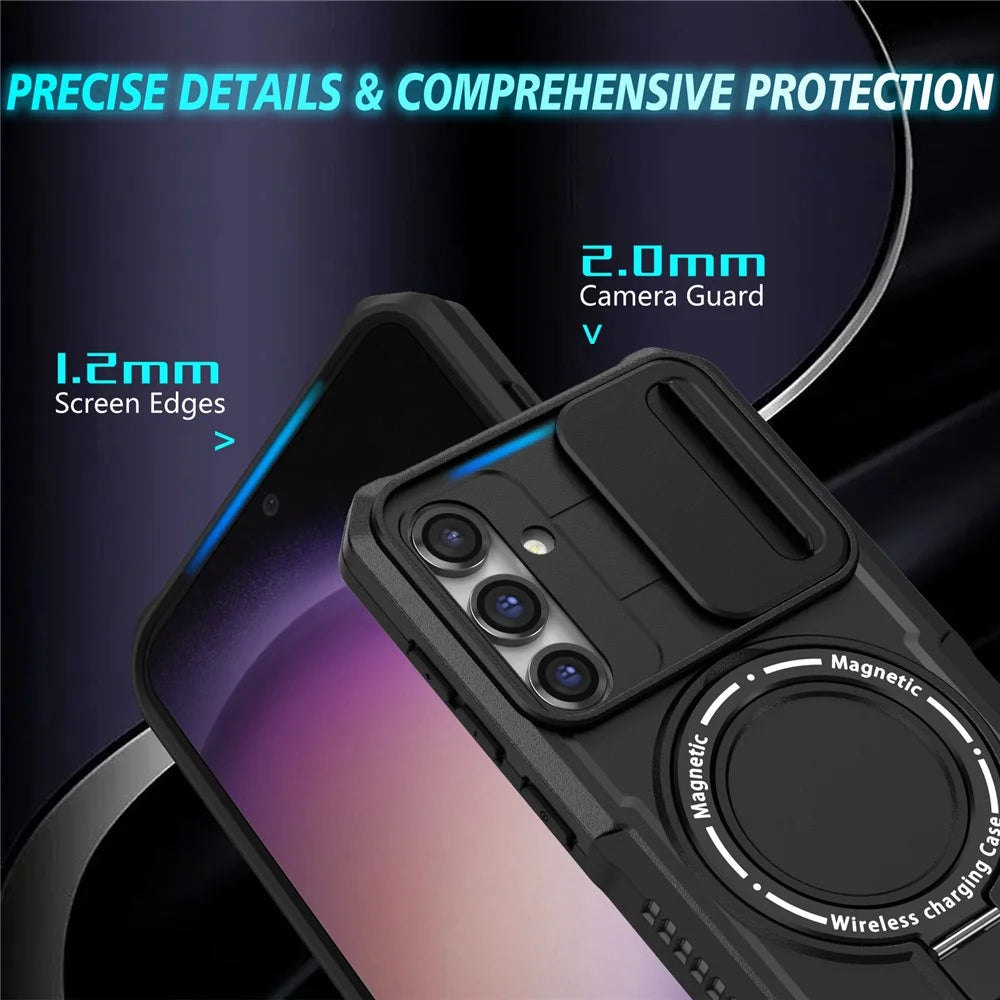 Magnetic Case PC+TPU Case for Samsung Galaxy S23 FE Kickstand Anti-Drop Phone Shell with Sliding Lens Cover - Black - 3