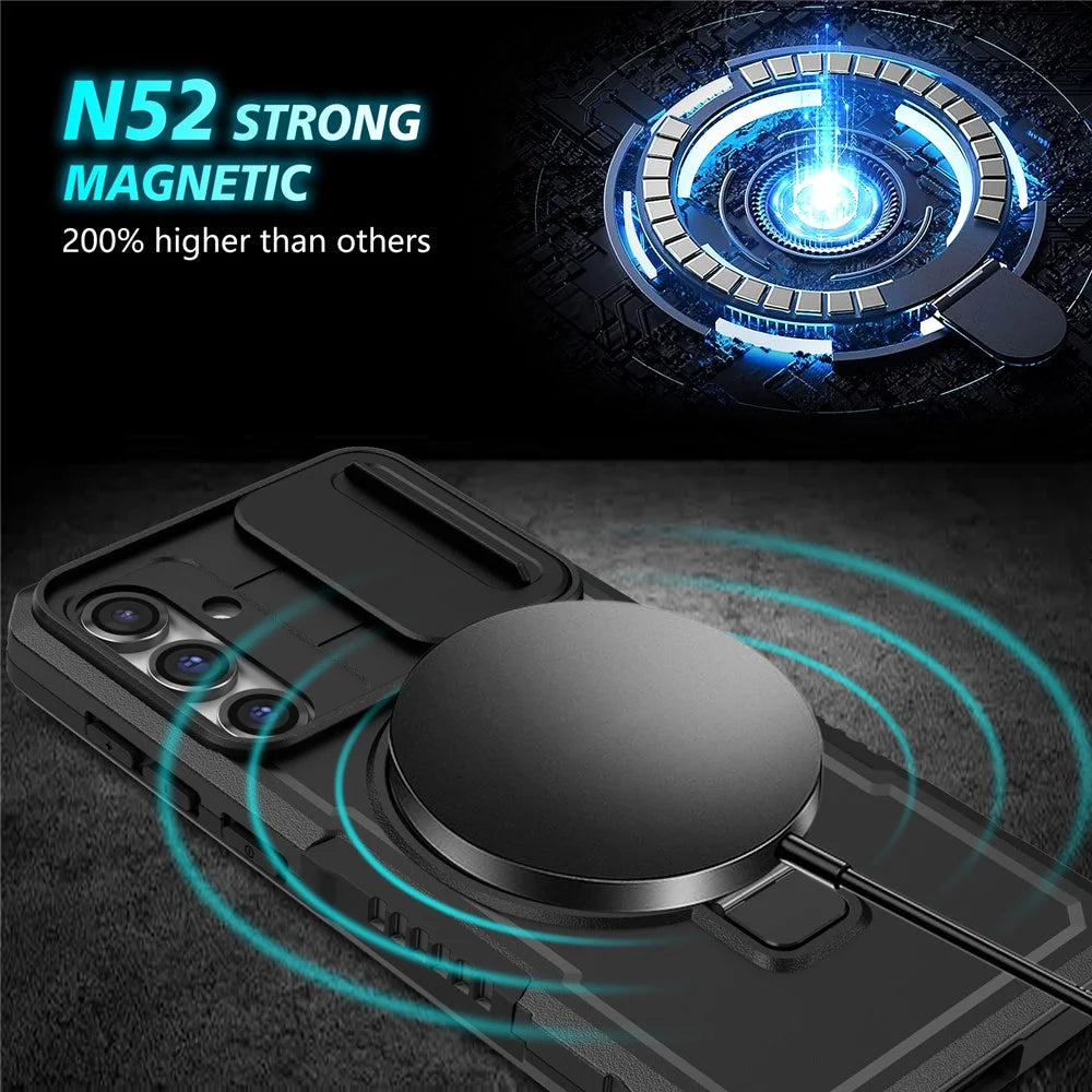 Magnetic Case PC+TPU Case for Samsung Galaxy S23 FE Kickstand Anti-Drop Phone Shell with Sliding Lens Cover - Black - 4