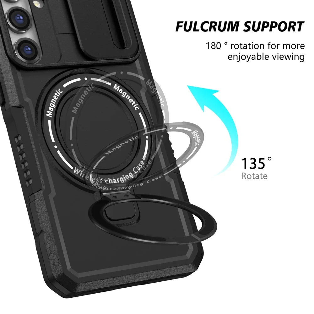 Magnetic Case PC+TPU Case for Samsung Galaxy S23 FE Kickstand Anti-Drop Phone Shell with Sliding Lens Cover - Black - 6