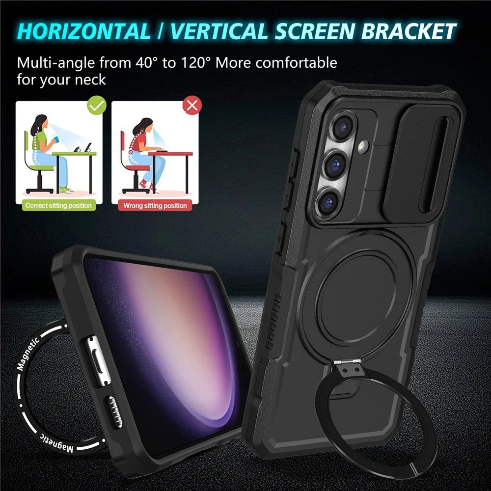 Magnetic Case PC+TPU Case for Samsung Galaxy S23 FE Kickstand Anti-Drop Phone Shell with Sliding Lens Cover - Black - 7