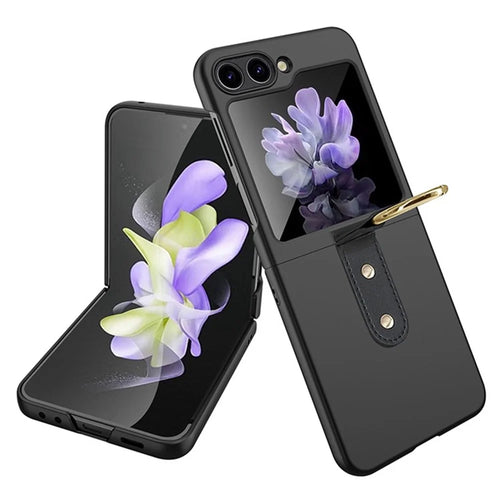 For Samsung Galaxy Z Flip5 5G Hard PC Phone Case Kickstand Shockproof Cover with Tempered Glass Back Film - Black - 1