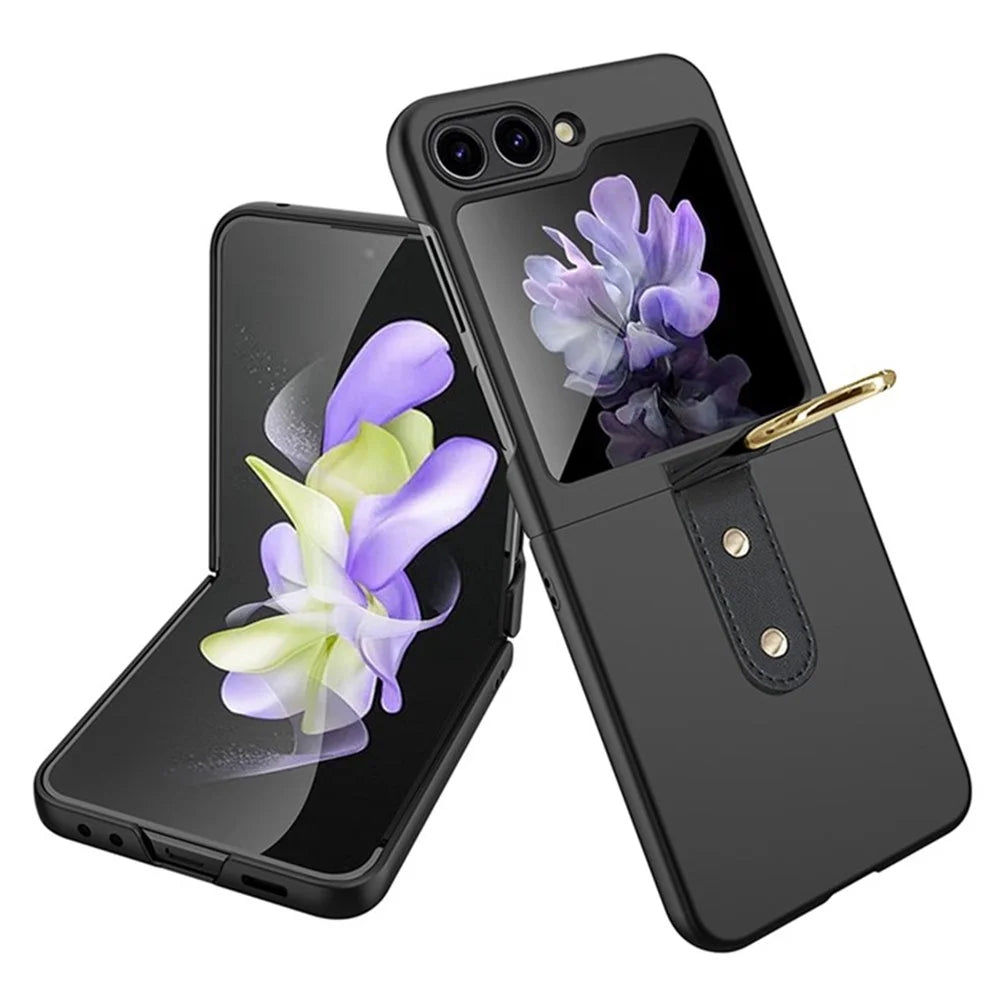 For Samsung Galaxy Z Flip5 5G Hard PC Phone Case Kickstand Shockproof Cover with Tempered Glass Back Film - Black - 1