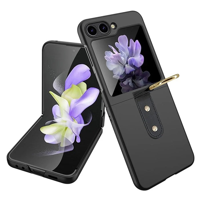 For Samsung Galaxy Z Flip5 5G Hard PC Phone Case Kickstand Shockproof Cover with Tempered Glass Back Film - Black - 1