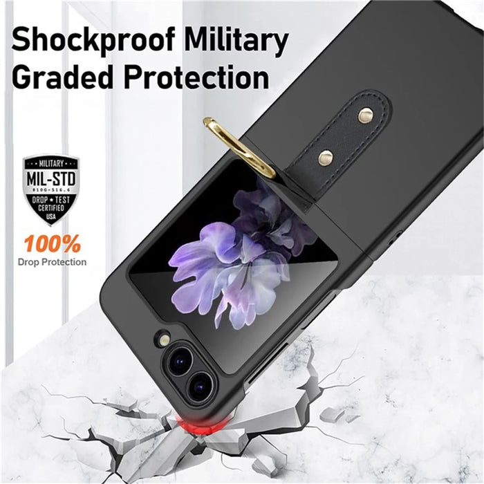 For Samsung Galaxy Z Flip5 5G Hard PC Phone Case Kickstand Shockproof Cover with Tempered Glass Back Film - Black - 5