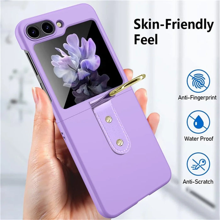 For Samsung Galaxy Z Flip5 5G Hard PC Phone Case Kickstand Shockproof Cover with Tempered Glass Back Film - Black - 6