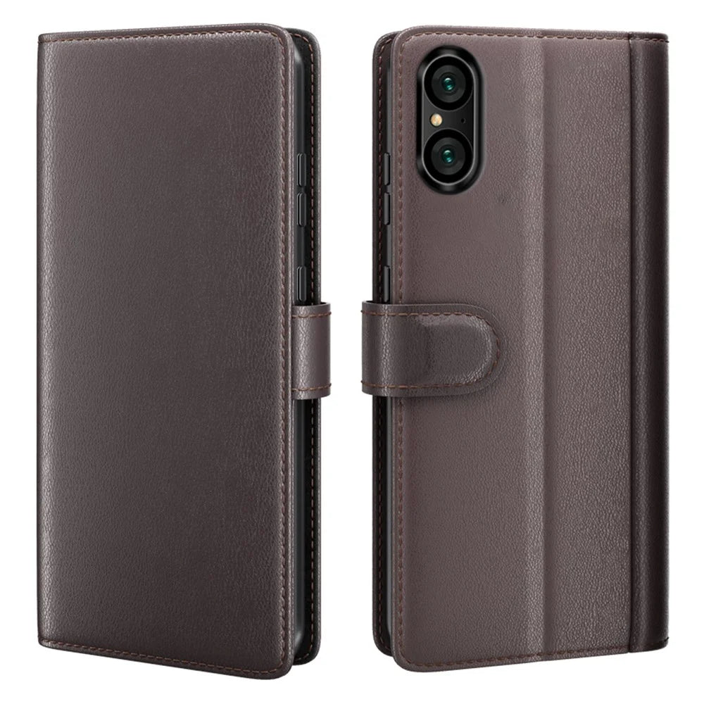 For Sony Xperia 5 V Case Genuine Split Leather Phone Cover with Wallet Stand - Brown - 1