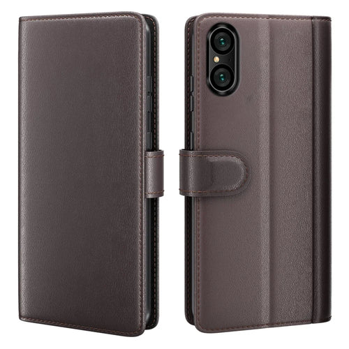 For Sony Xperia 5 V Case Genuine Split Leather Phone Cover with Wallet Stand - Brown - 1