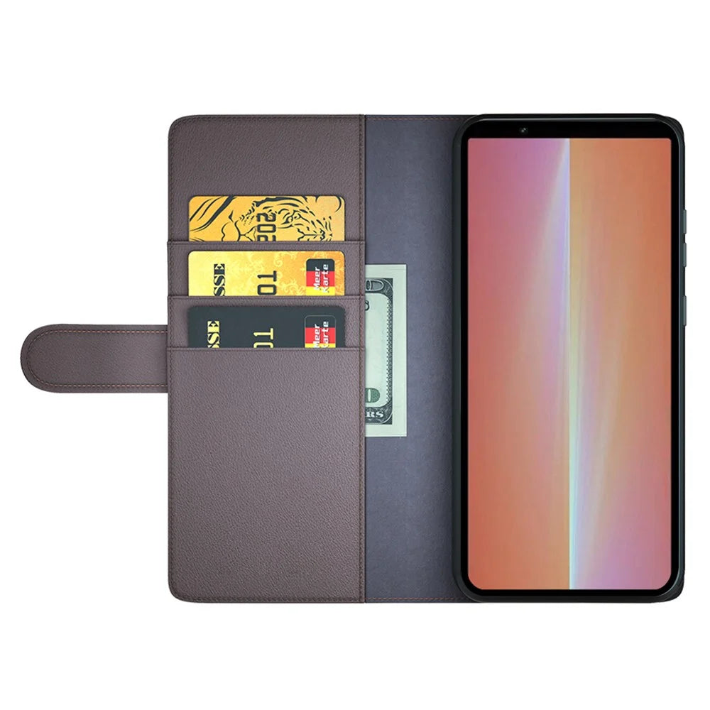 For Sony Xperia 5 V Case Genuine Split Leather Phone Cover with Wallet Stand - Brown - 2