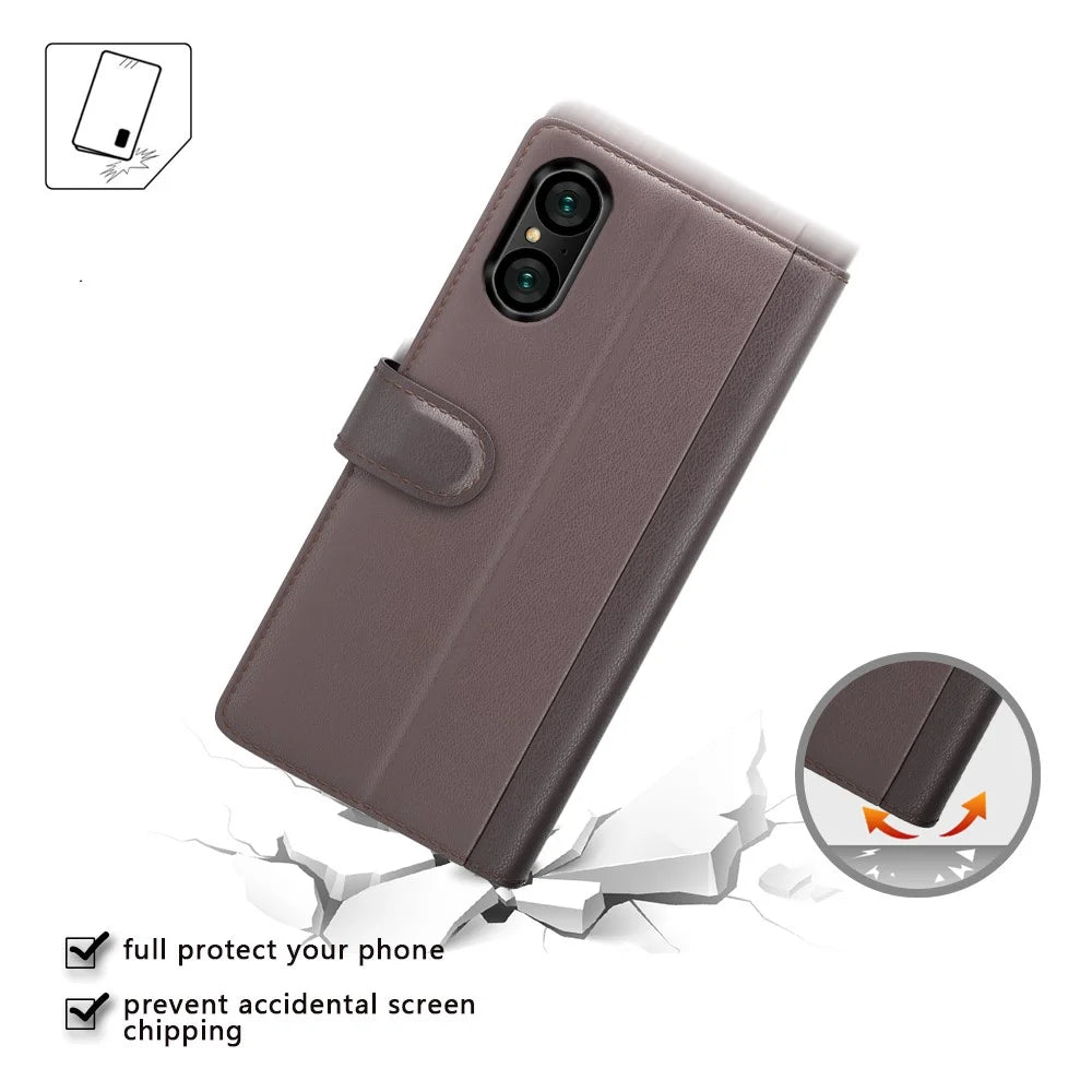 For Sony Xperia 5 V Case Genuine Split Leather Phone Cover with Wallet Stand - Brown - 4