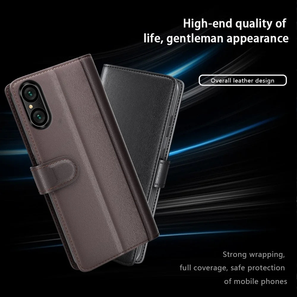 For Sony Xperia 5 V Case Genuine Split Leather Phone Cover with Wallet Stand - Brown - 7