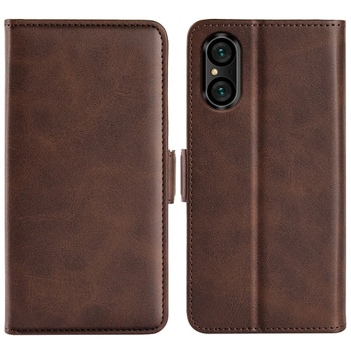 For Sony Xperia 5 V Calf Texture Drop-proof Phone Cover Leather Wallet Stand Case - Brown - 1