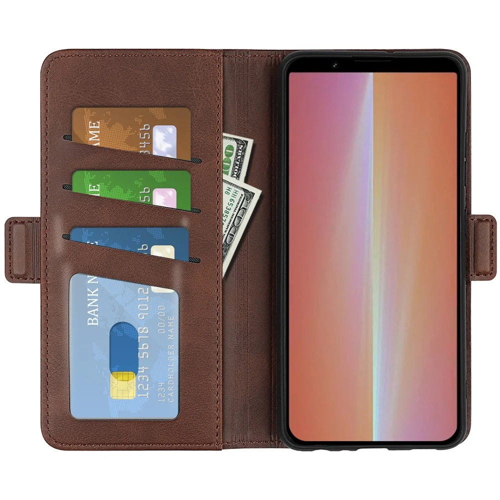 For Sony Xperia 5 V Calf Texture Drop-proof Phone Cover Leather Wallet Stand Case - Brown - 2