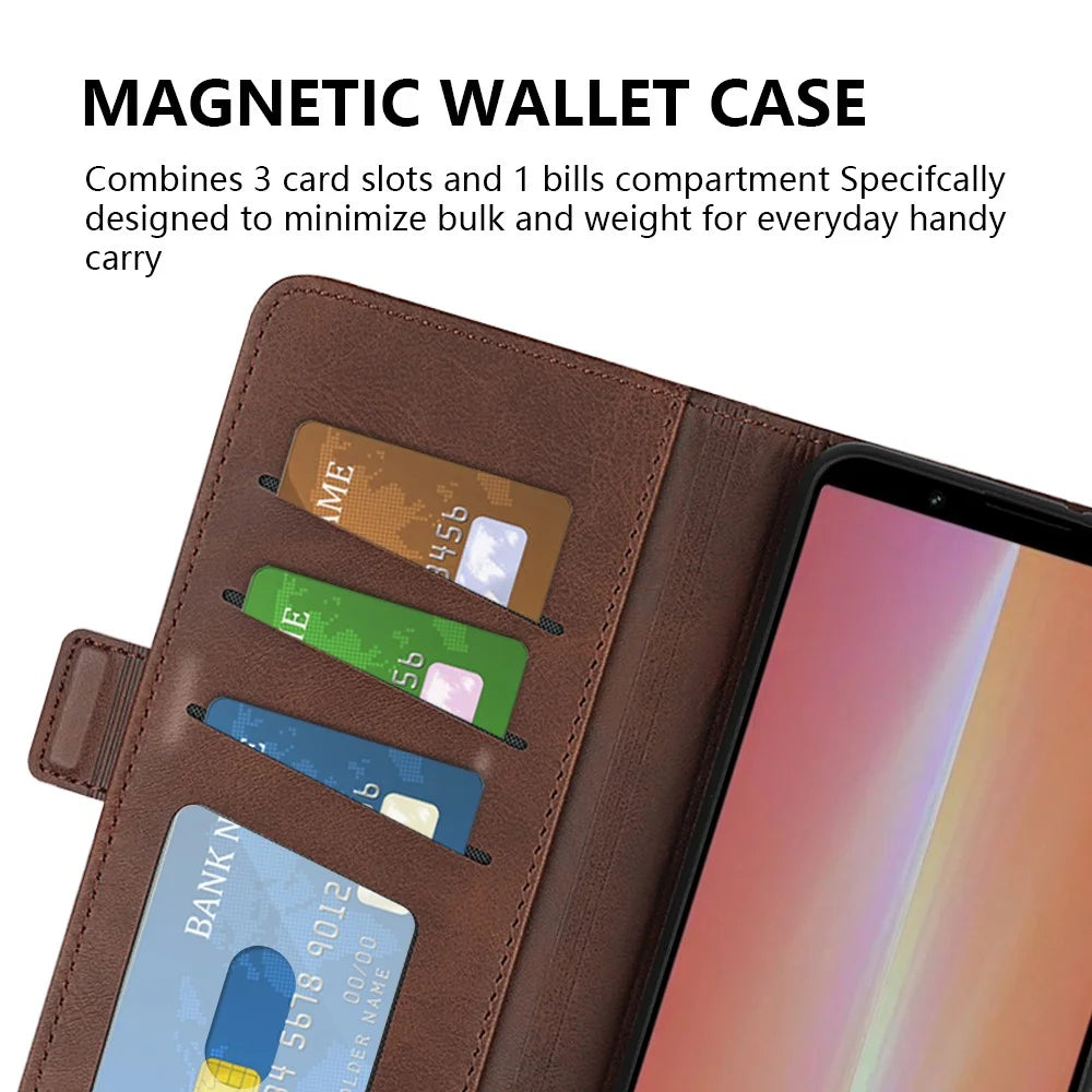 For Sony Xperia 5 V Calf Texture Drop-proof Phone Cover Leather Wallet Stand Case - Brown - 5