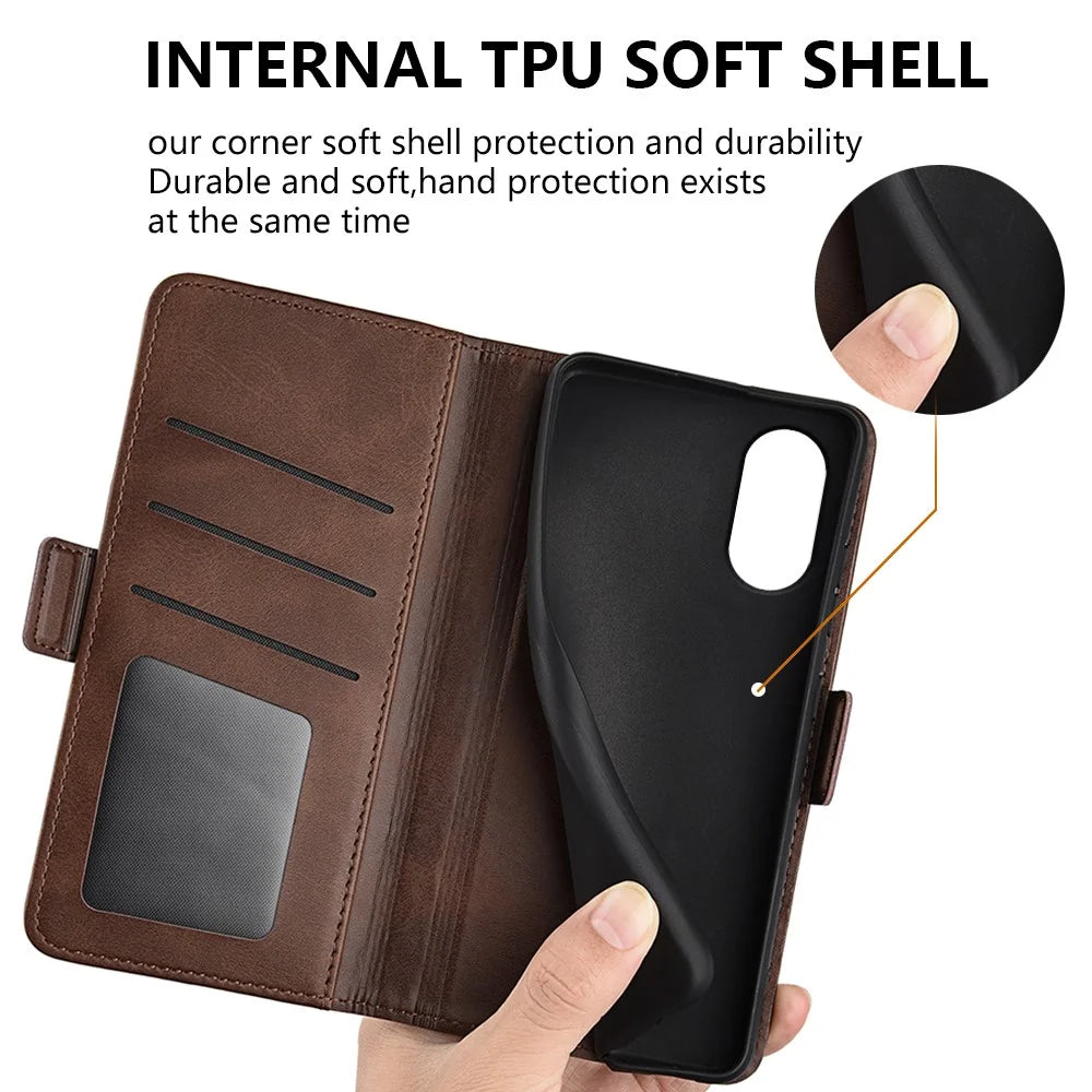 For Sony Xperia 5 V Calf Texture Drop-proof Phone Cover Leather Wallet Stand Case - Brown - 6