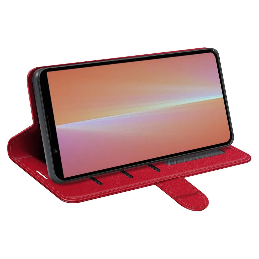 For Sony Xperia 5 V PU Leather Cell Phone Cover Anti-scratch Crazy Horse Texture Wallet Stand Case - Red - 3